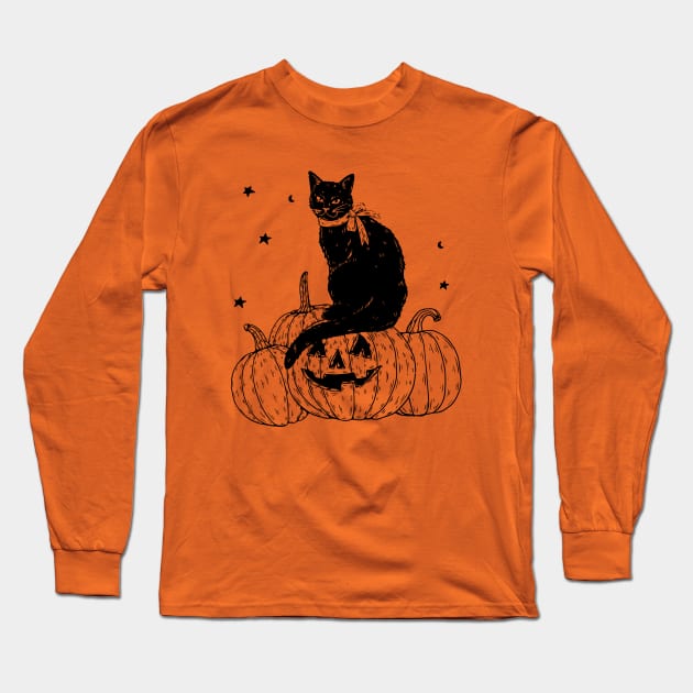 Pumpkin Cat Black Long Sleeve T-Shirt by machmigo